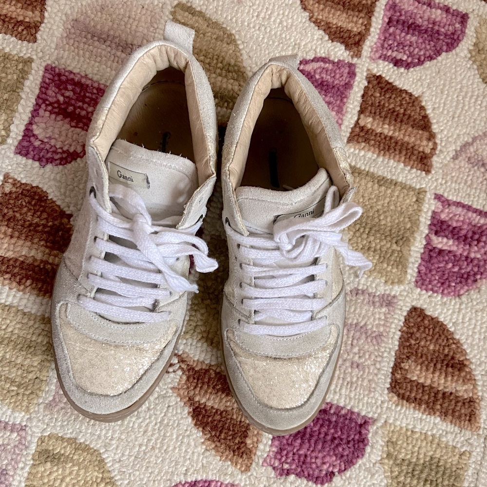 Ganni suede and glitter leather sneakers white